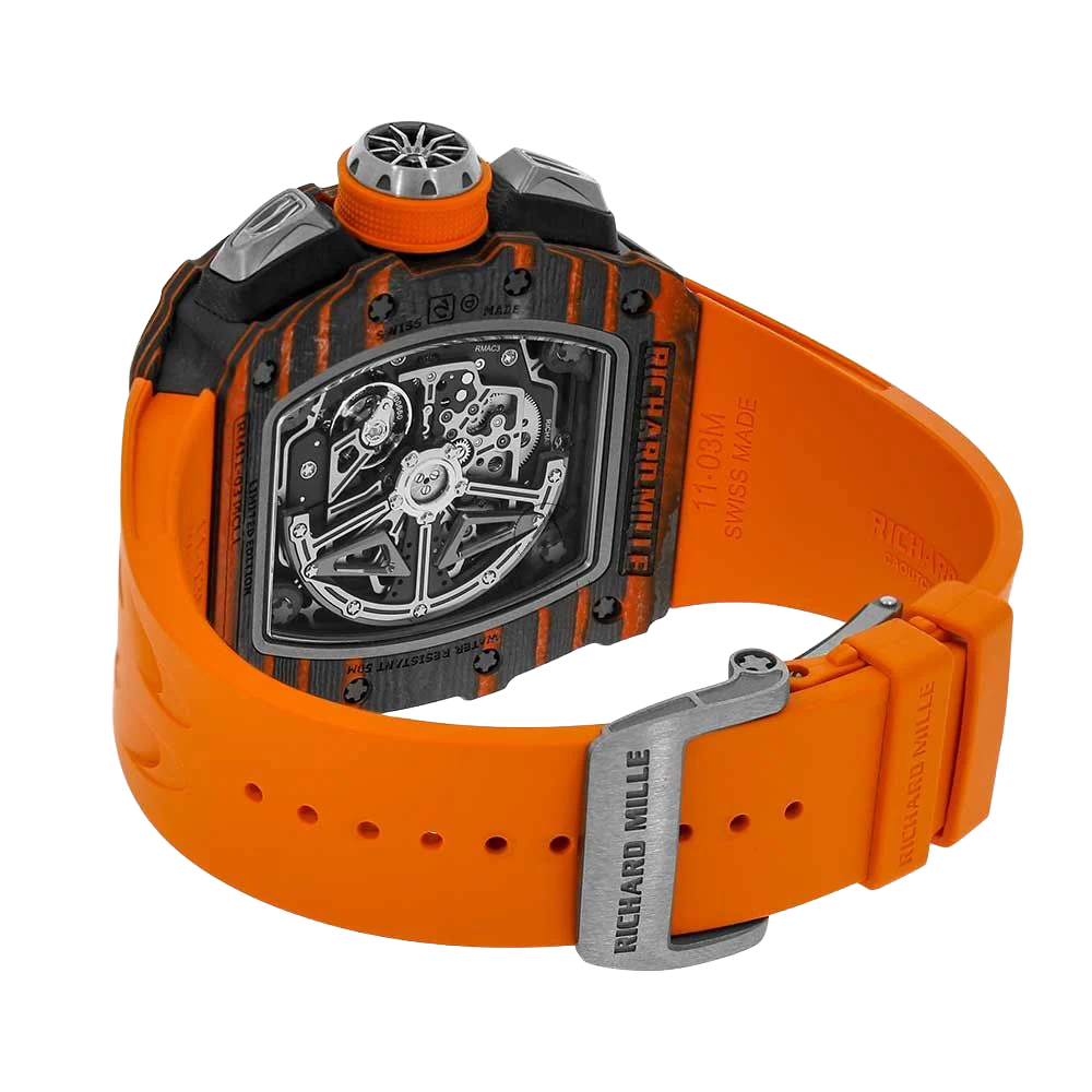 RM 11-03 McLaren Carbon TPT, Skeleton Dial, Orange Strap, 50 mm