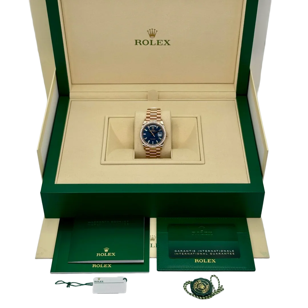 Day-Date 36mm 128345RBR Rose Gold Diamond Bezel Blue-Green Baguette Marker Dial
