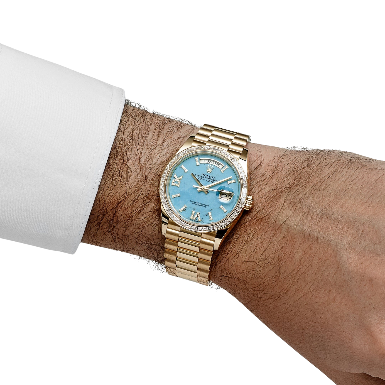 Day-Date 36mm Yellow Gold Turquoise Stone Diamond Roman Numerals Dial Diamond Bezel 128398TBR