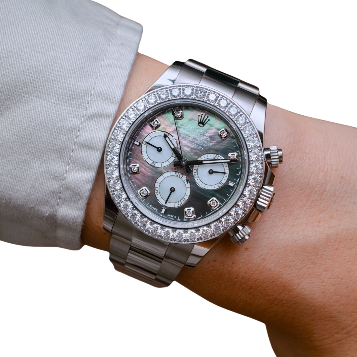 Daytona 40mm Oyster White Gold Black and White Mother of Pearl Diamond Dial & Bezel 126579RBR