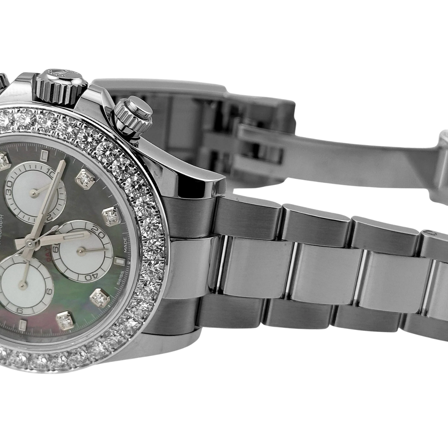 Daytona 40mm Oyster White Gold Black and White Mother of Pearl Diamond Dial & Bezel 126579RBR