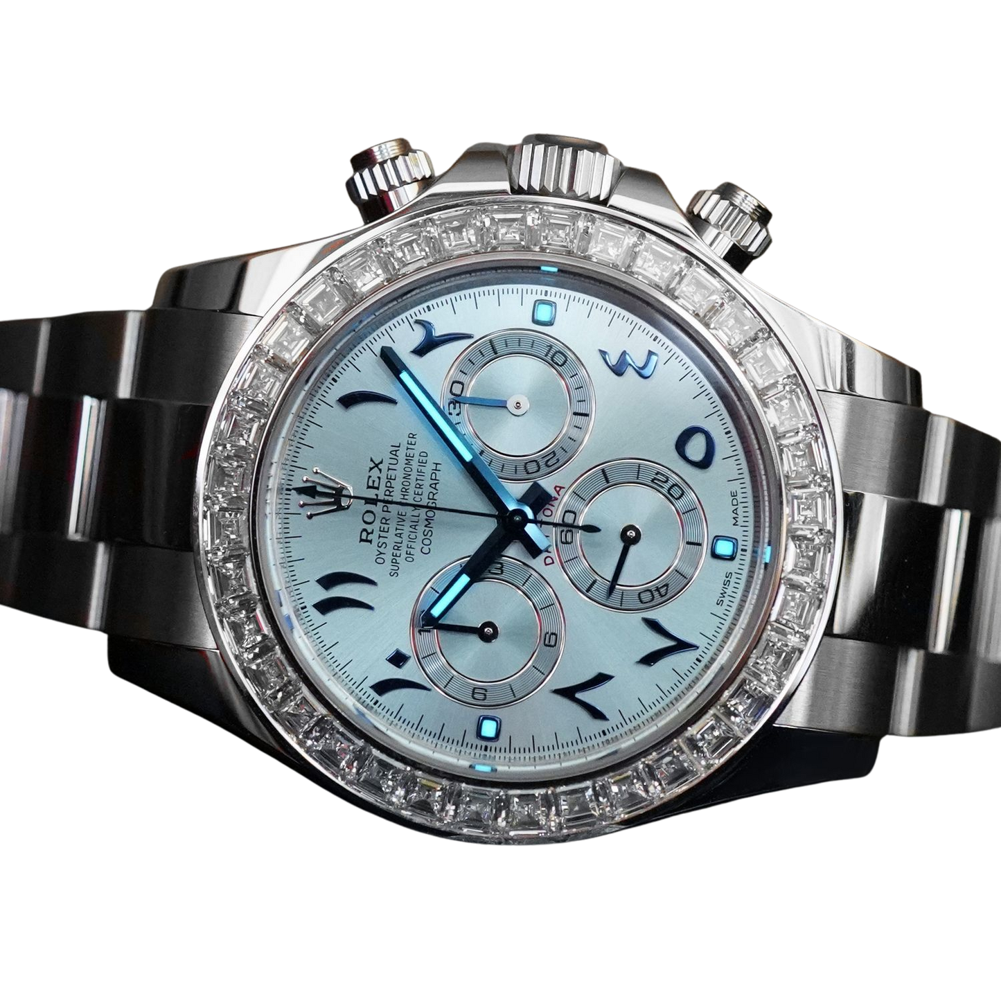 Daytona 40mm Baguette Diamond Bezel IceBlue Arabic Dial 116576TBR-0005