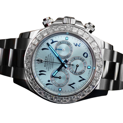 Daytona 40mm Baguette Diamond Bezel IceBlue Arabic Dial 116576TBR-0005