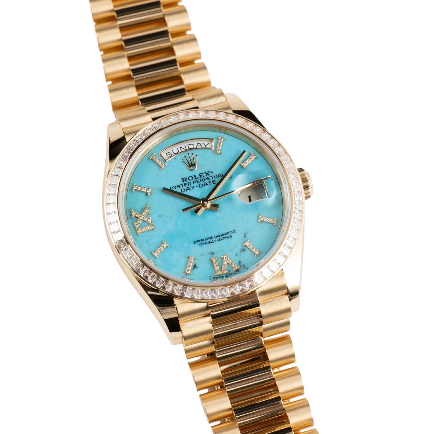 Day-Date 36mm Yellow Gold Turquoise Stone Diamond Roman Numerals Dial Diamond Bezel 128398TBR