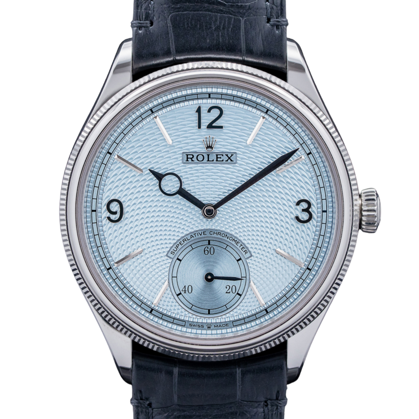 Perpetual 1908 39mm White Gold Platinum Ice Blue Dial Black Alligator Leather Strap m52506-0003