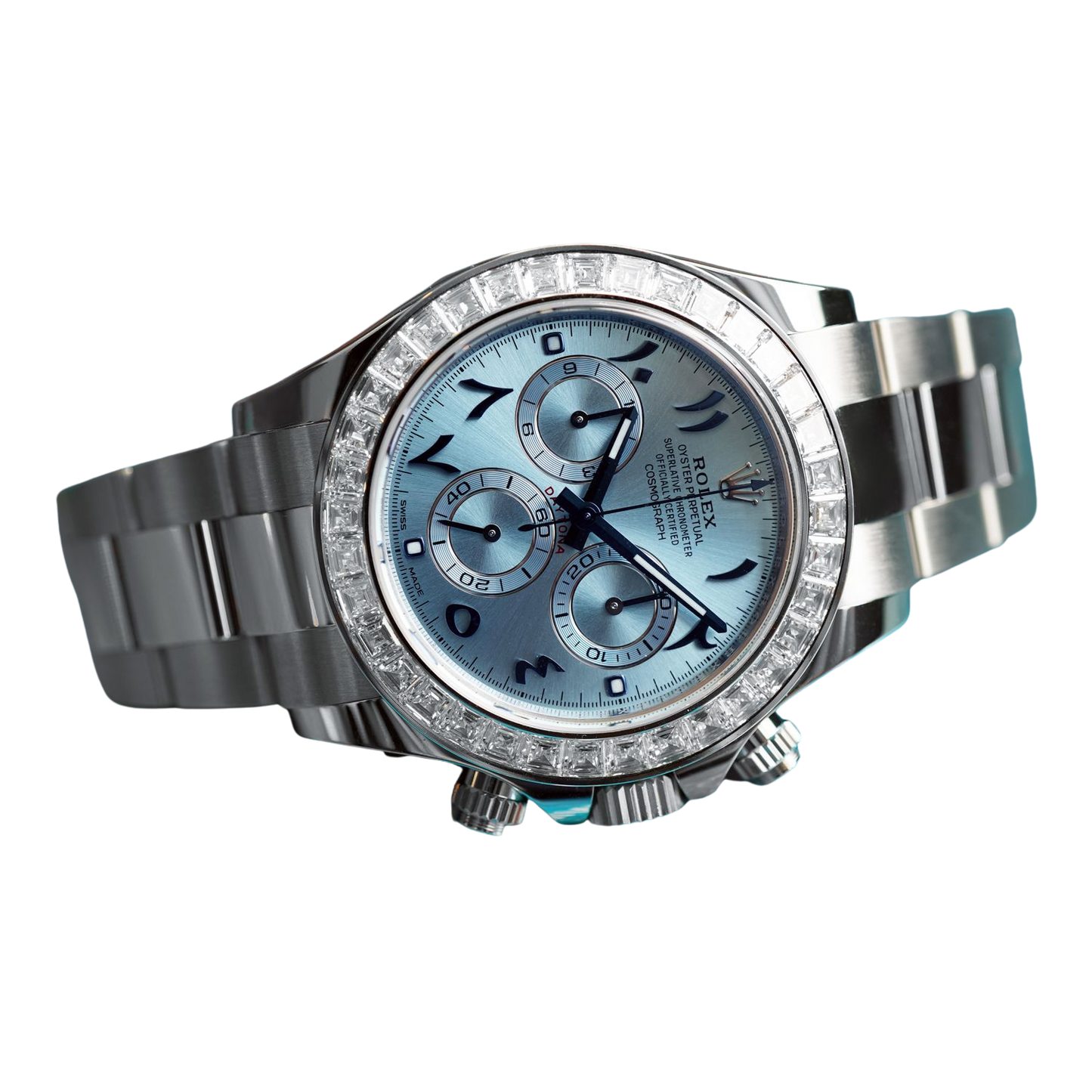 Daytona 40mm Baguette Diamond Bezel IceBlue Arabic Dial 116576TBR-0005