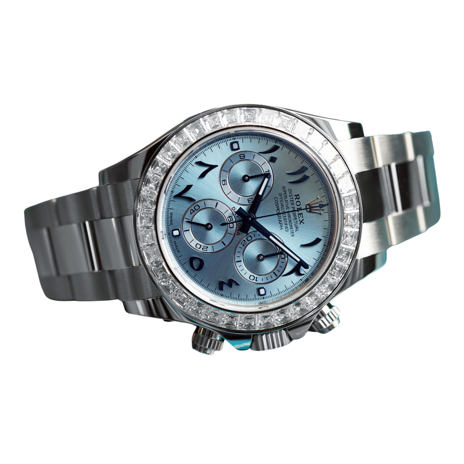 Daytona 40mm Baguette Diamond Bezel IceBlue Arabic Dial 116576TBR-0005