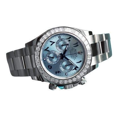 Daytona 40mm Baguette Diamond Bezel IceBlue Arabic Dial 116576TBR-0005
