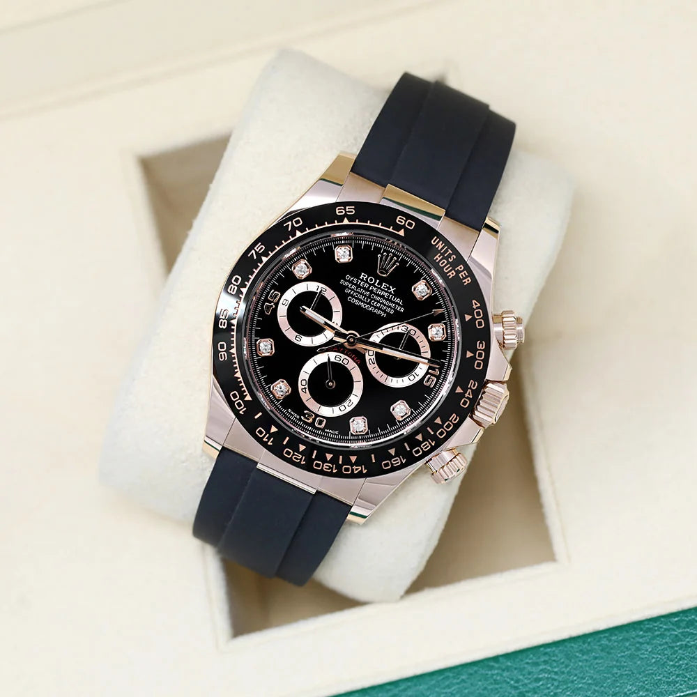 Daytona 40mm Rose Gold Black Diamond Dial Oysterflex Rubber Strap M116515LN-0057