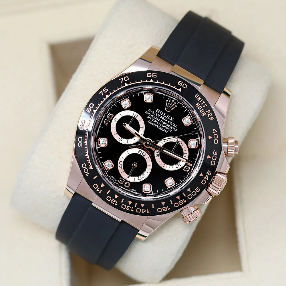 Daytona 40mm Rose Gold Black Diamond Dial Oysterflex Rubber Strap M116515LN-0057