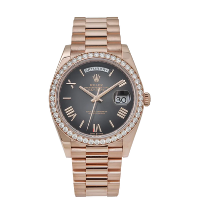 Day-Date 40 228345 Rose Gold Black Dial Diamond Bezel