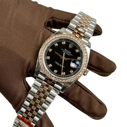 Datejust 36mm Black Dial Steel Yellow Gold Diamond Mens Watch 116243