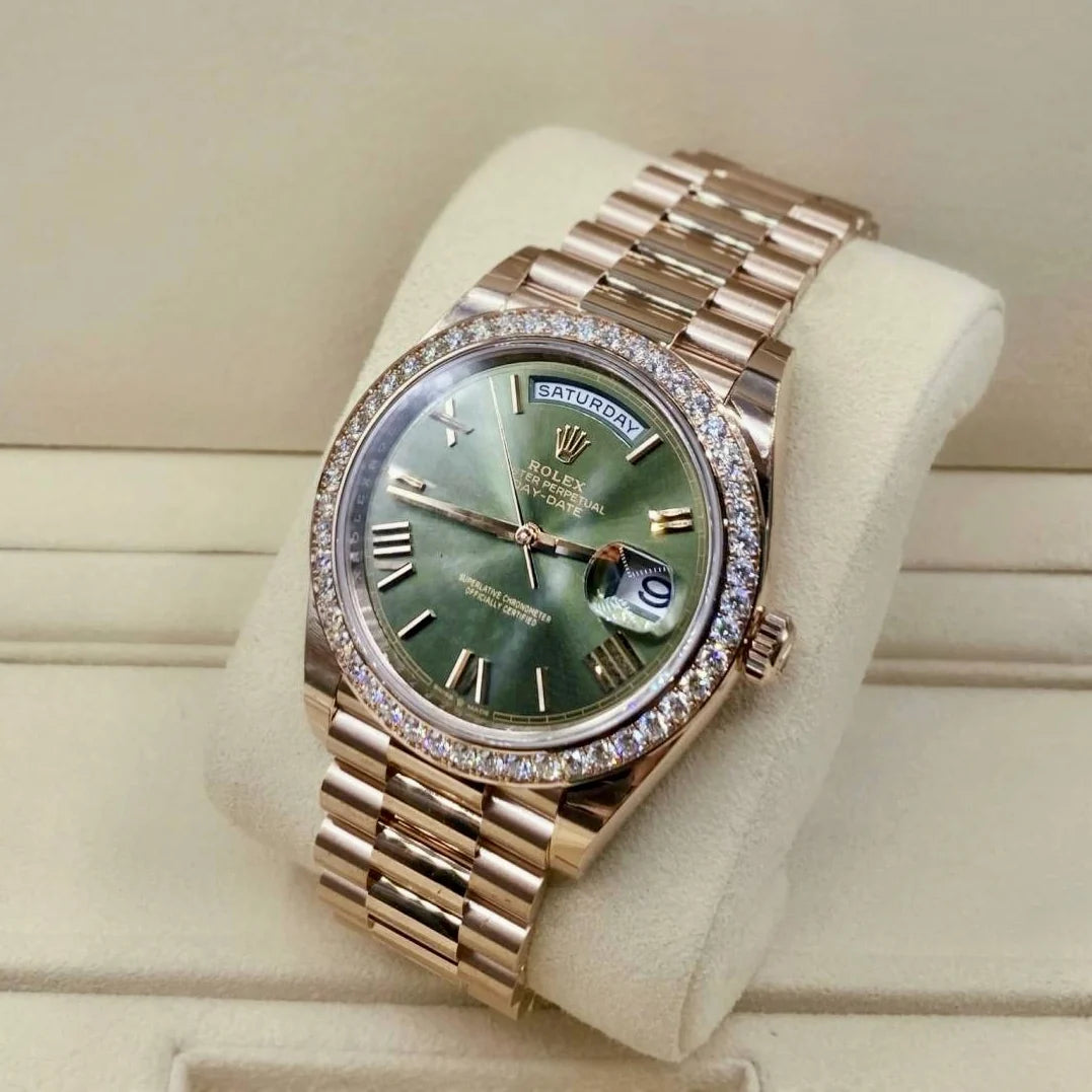 Day-Date President 40mm Everose Gold Olive Green Roman Dial Diamond Bezel - 228345RBR - New 2025