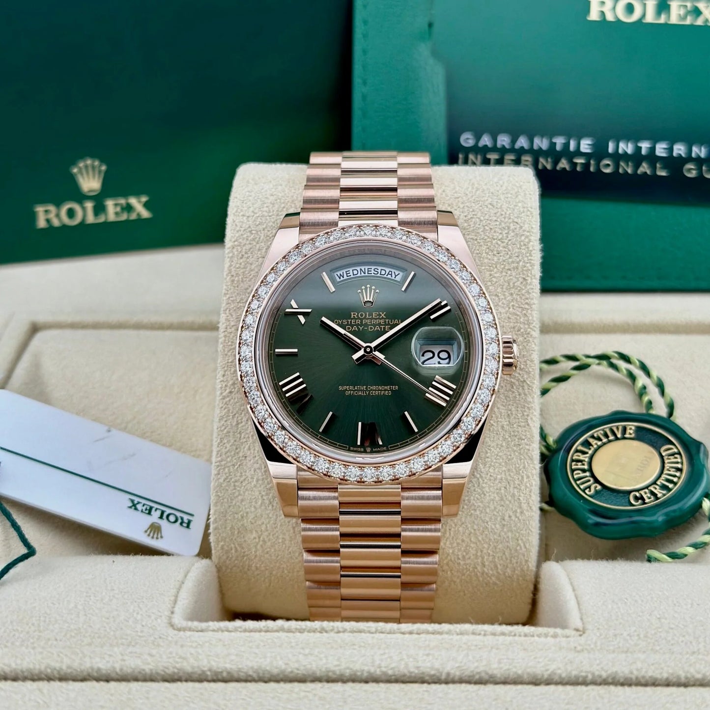 Day-Date President 40mm Everose Gold Olive Green Roman Dial Diamond Bezel - 228345RBR - New 2025