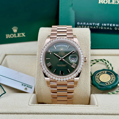 Day-Date President 40mm Everose Gold Olive Green Roman Dial Diamond Bezel - 228345RBR - New 2025