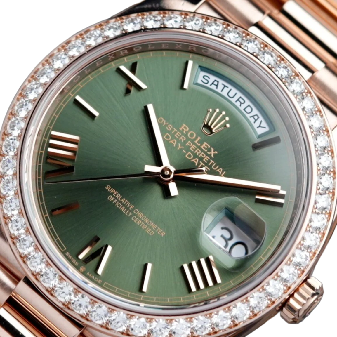Day-Date President 40mm Everose Gold Olive Green Roman Dial Diamond Bezel - 228345RBR - New 2025