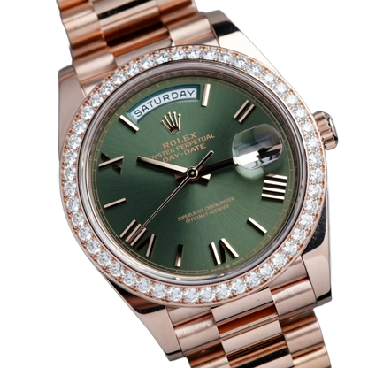 Day-Date President 40mm Everose Gold Olive Green Roman Dial Diamond Bezel - 228345RBR - New 2025
