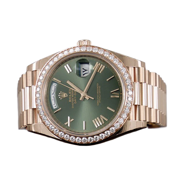 Day-Date President 40mm Everose Gold Olive Green Roman Dial Diamond Bezel - 228345RBR - New 2025
