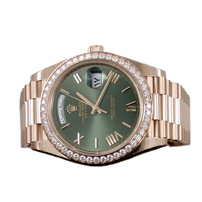 Day-Date President 40mm Everose Gold Olive Green Roman Dial Diamond Bezel - 228345RBR - New 2025