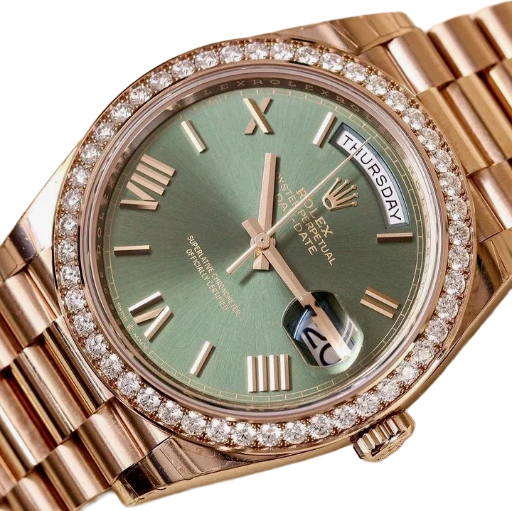 Day-Date President 40mm Everose Gold Olive Green Roman Dial Diamond Bezel - 228345RBR - New 2025