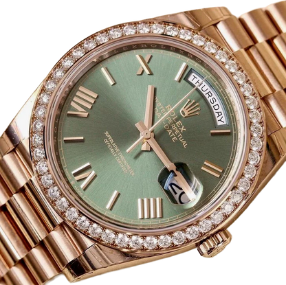 Day-Date President 40mm Everose Gold Olive Green Roman Dial Diamond Bezel - 228345RBR - New 2025