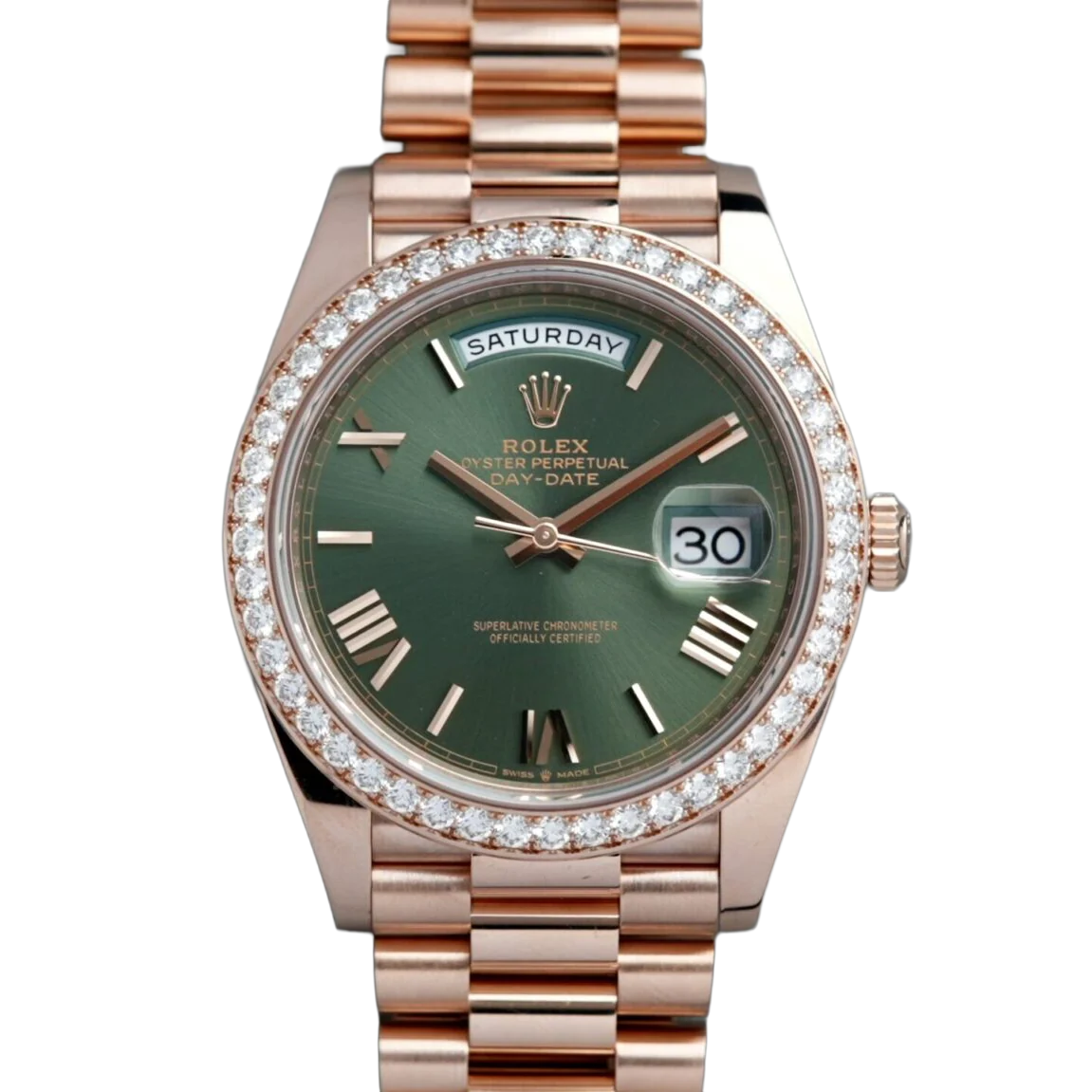 Day-Date President 40mm Everose Gold Olive Green Roman Dial Diamond Bezel - 228345RBR - New 2025