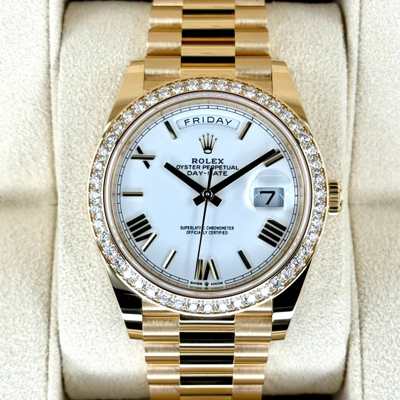 Day-Date 40 228348RBR Yellow Gold Diamond Bezel White Dial