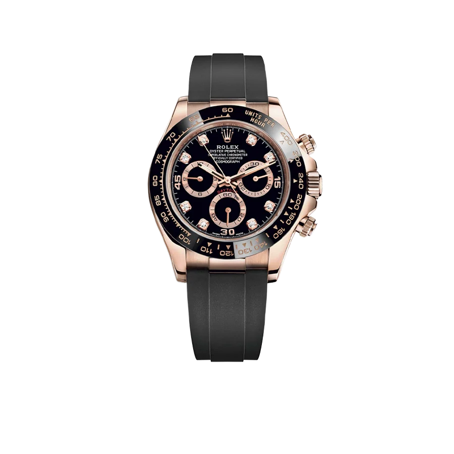 Daytona 40mm Rose Gold Black Diamond Dial Oysterflex Rubber Strap M116515LN-0057
