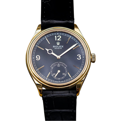 Perpetual 1908 39mm Yellow Gold Black Dial Black Alligator Leather Strap m52508-0002