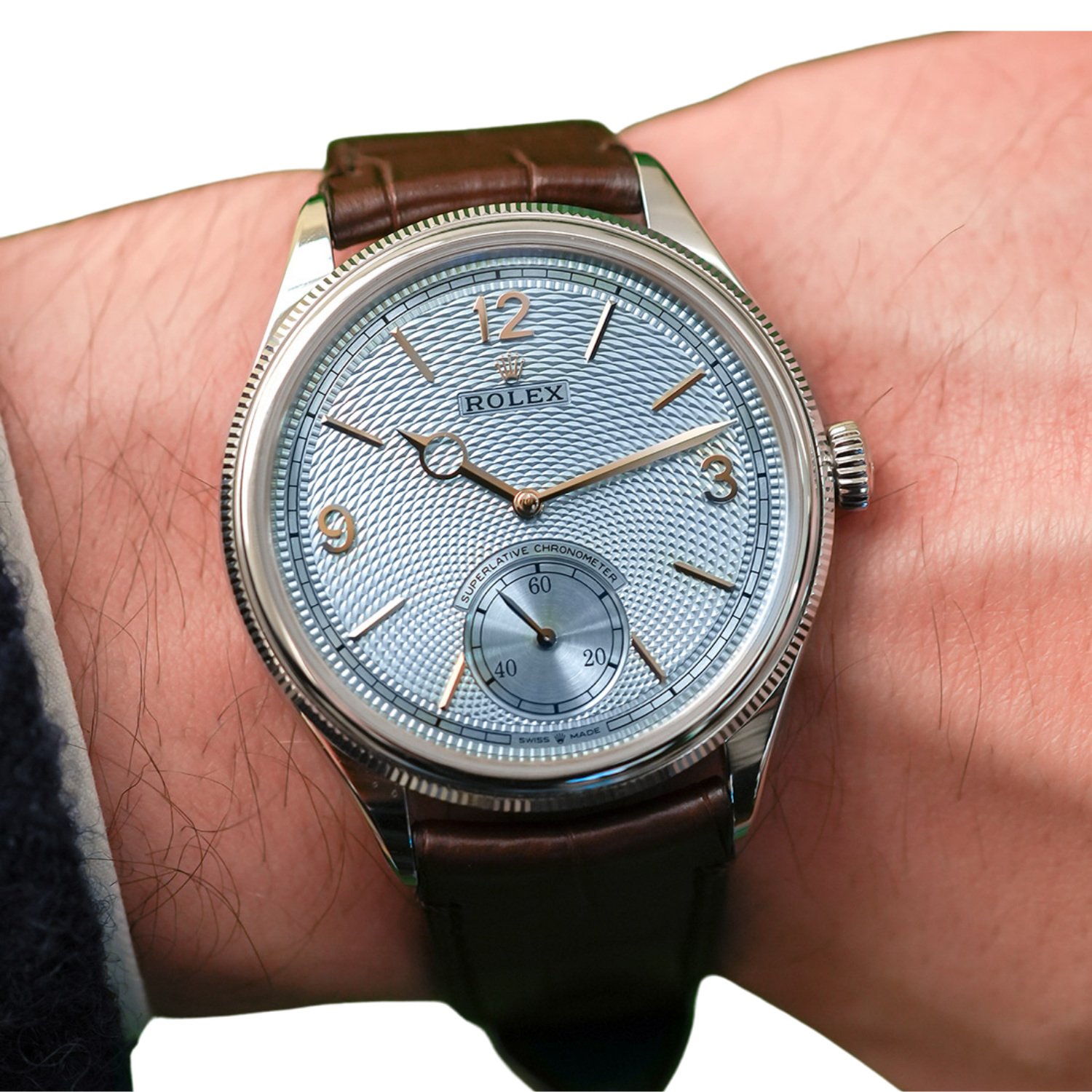 Perpetual 1908 39mm White Gold Platinum Ice Blue Dial Brown Alligator Leather Strap m52506-0002