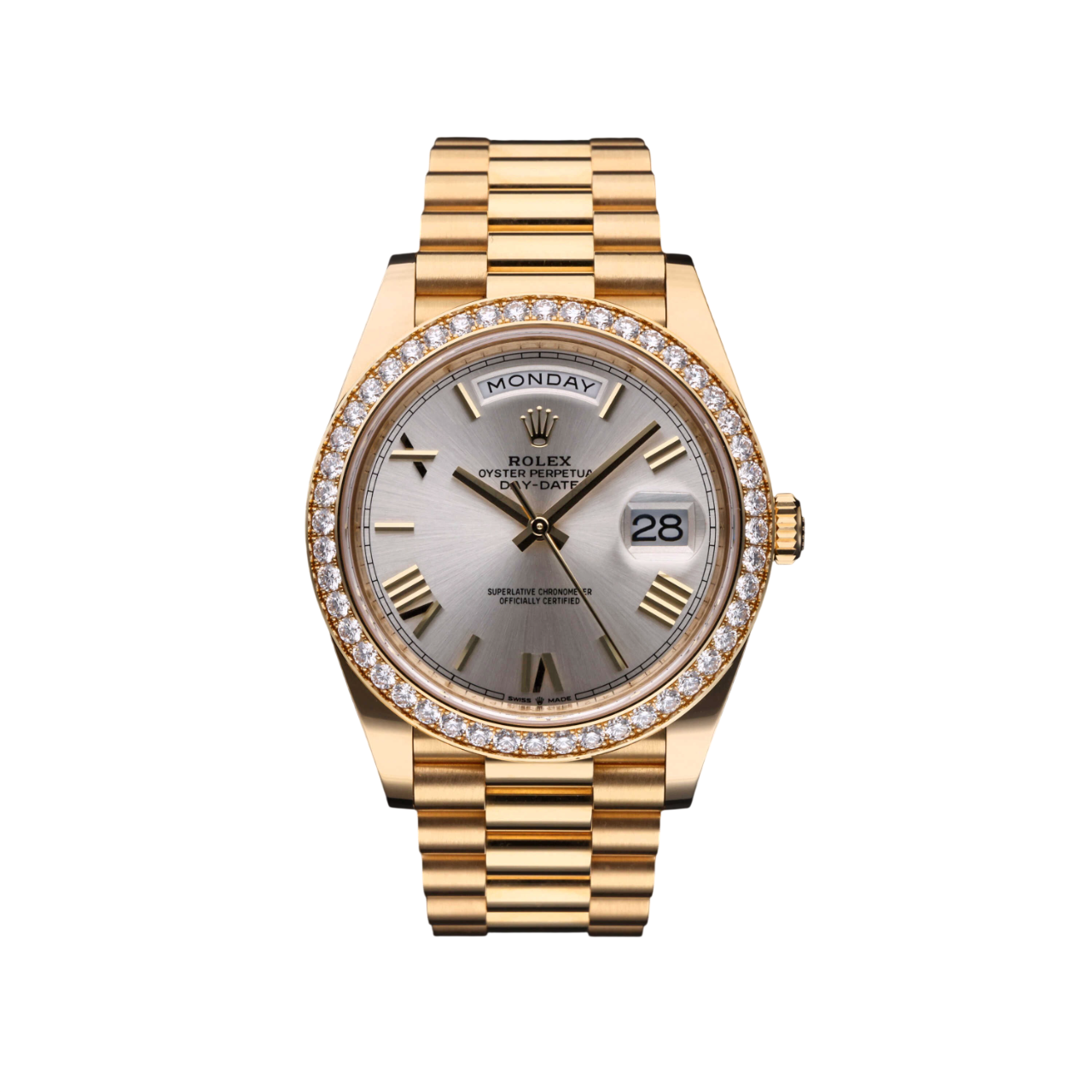 Day-Date 40 mm Yellow Gold Diamond Bezel Silver Dial M228348rbr-0007