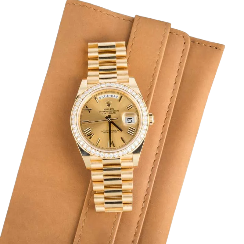 Day-Date 40 228348RBR Yellow Gold Diamond Bezel Champagne Roman Dial