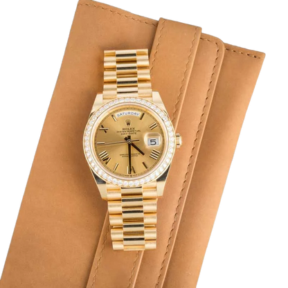 Day-Date 40 228348RBR Yellow Gold Diamond Bezel Champagne Roman Dial