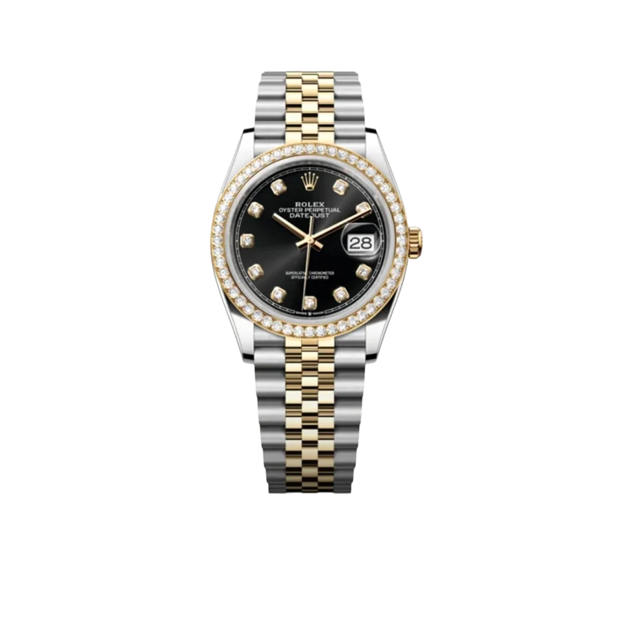 Datejust 36mm Black Dial Steel Yellow Gold Diamond Mens Watch 116243