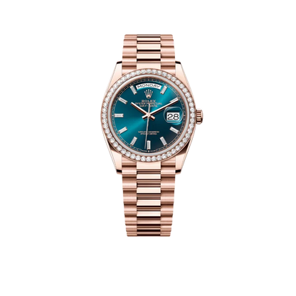 Day-Date 36mm 128345RBR Rose Gold Diamond Bezel Blue-Green Baguette Marker Dial