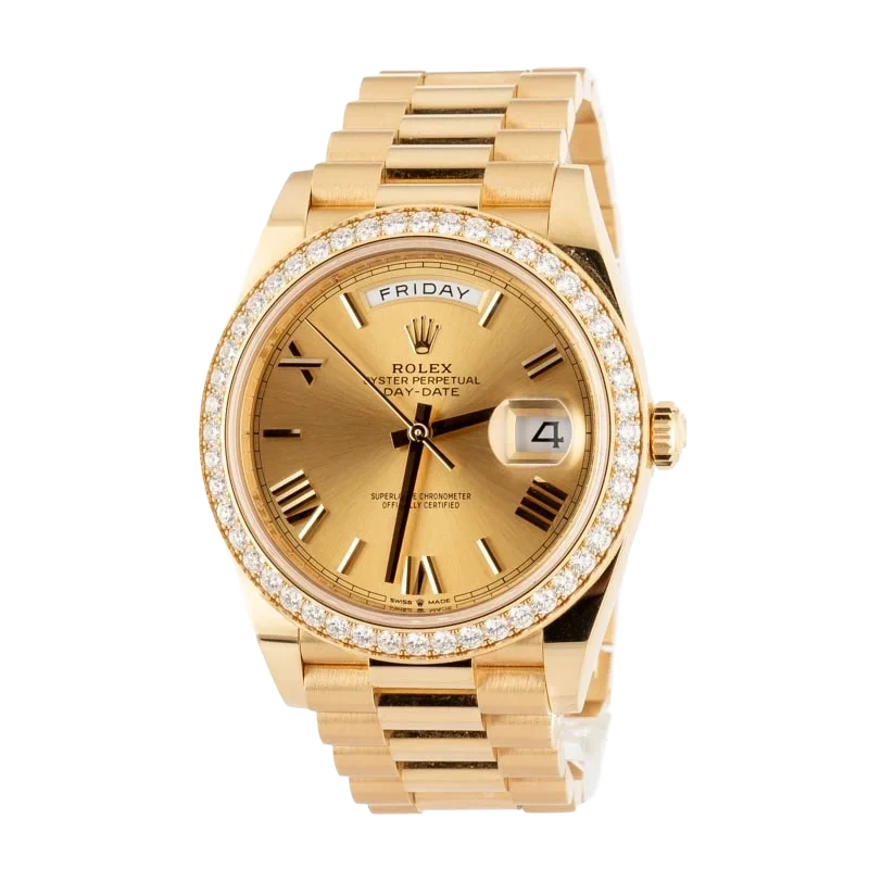 Day-Date 40 228348RBR Yellow Gold Diamond Bezel Champagne Roman Dial