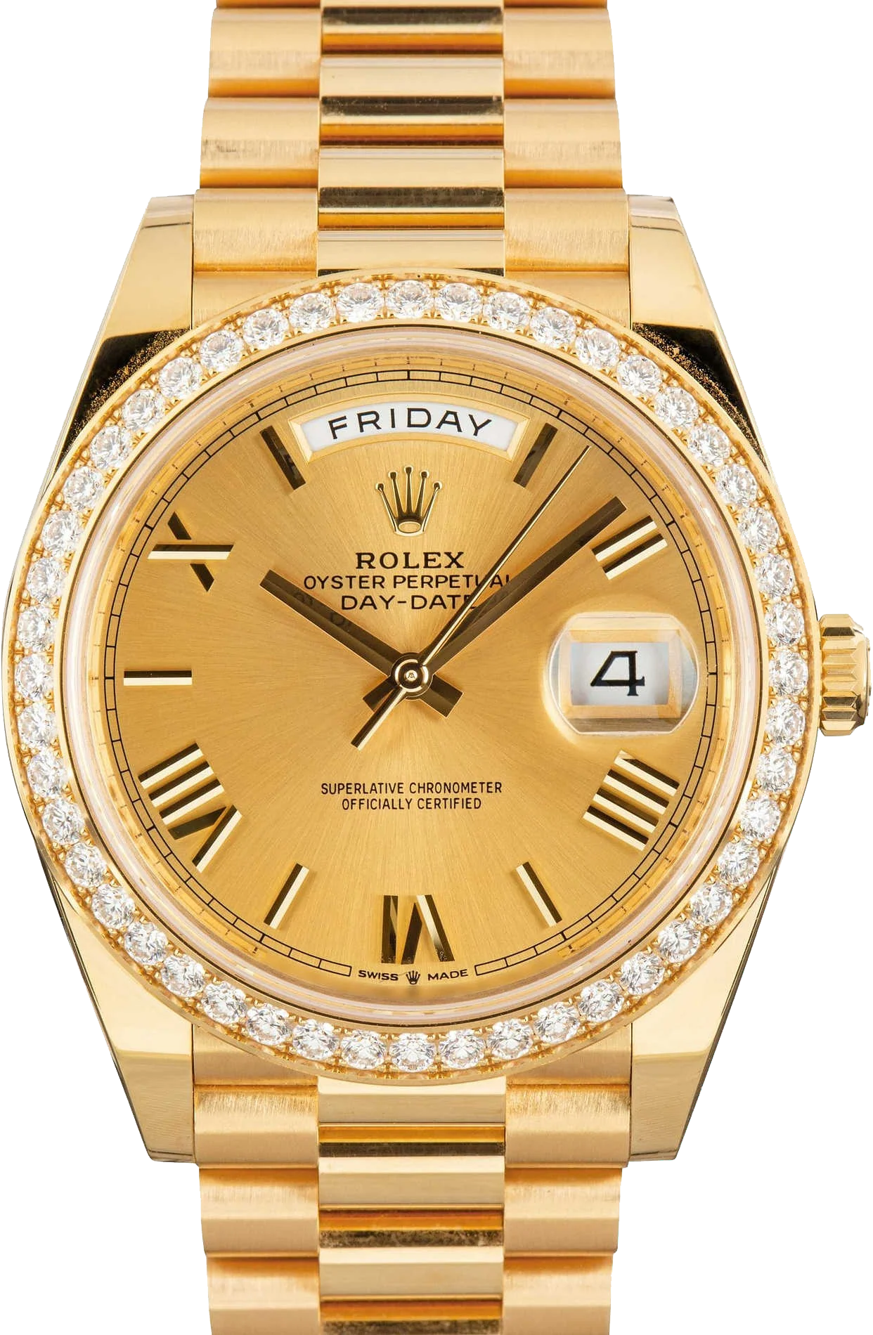 Day-Date 40 228348RBR Yellow Gold Diamond Bezel Champagne Roman Dial