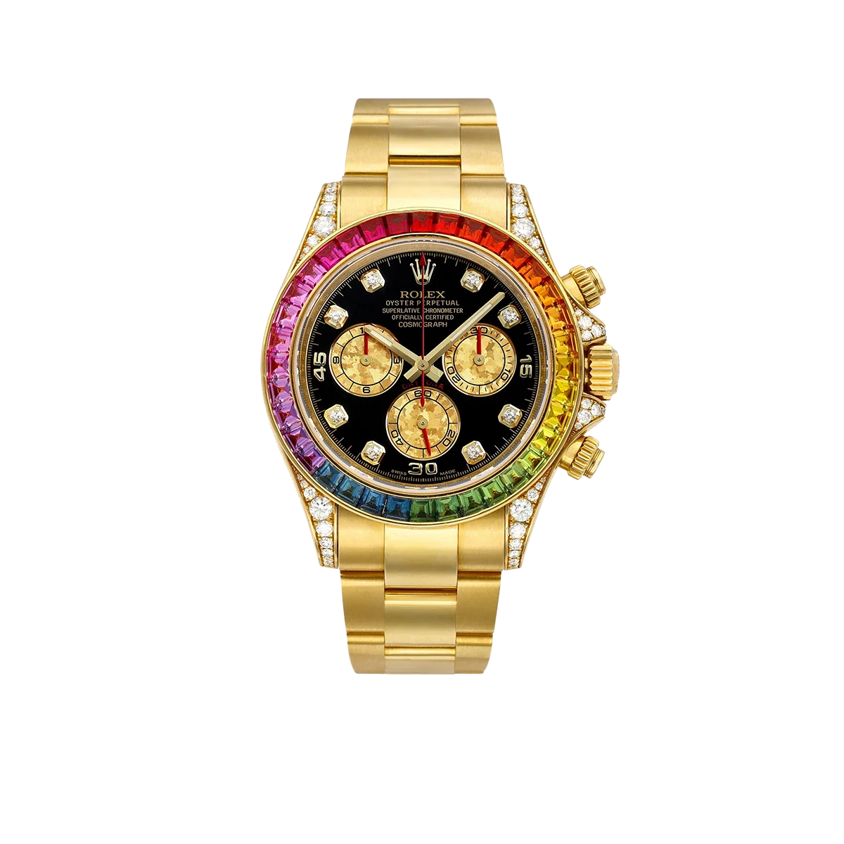 Daytona 116598RBOW Rainbow Yellow Gold Black Diamond Dial Sapphire Bezel