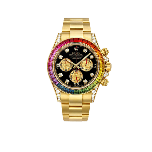 Daytona 116598RBOW Rainbow Yellow Gold Black Diamond Dial Sapphire Bezel