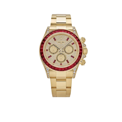 Daytona 126598TRU Yellow Gold Ruby Bezel Diamond Pave Dial
