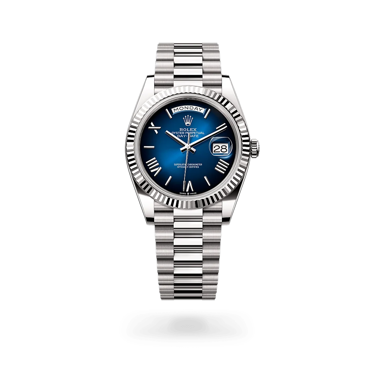Day-date Oyster Perpetual 40mm White Gold Blue Ombré Dial, Fluted bezel M228239-0076
