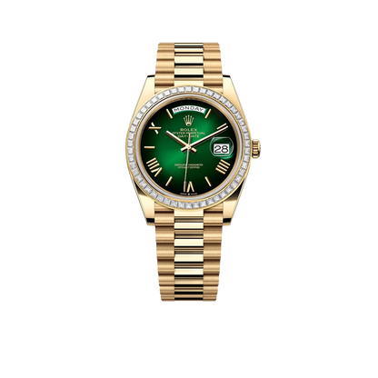 Day-Date 40mm | 18k yellow gold President bracelet | Green ombré dial Diamond bezel | Mens Watch 228398TBR