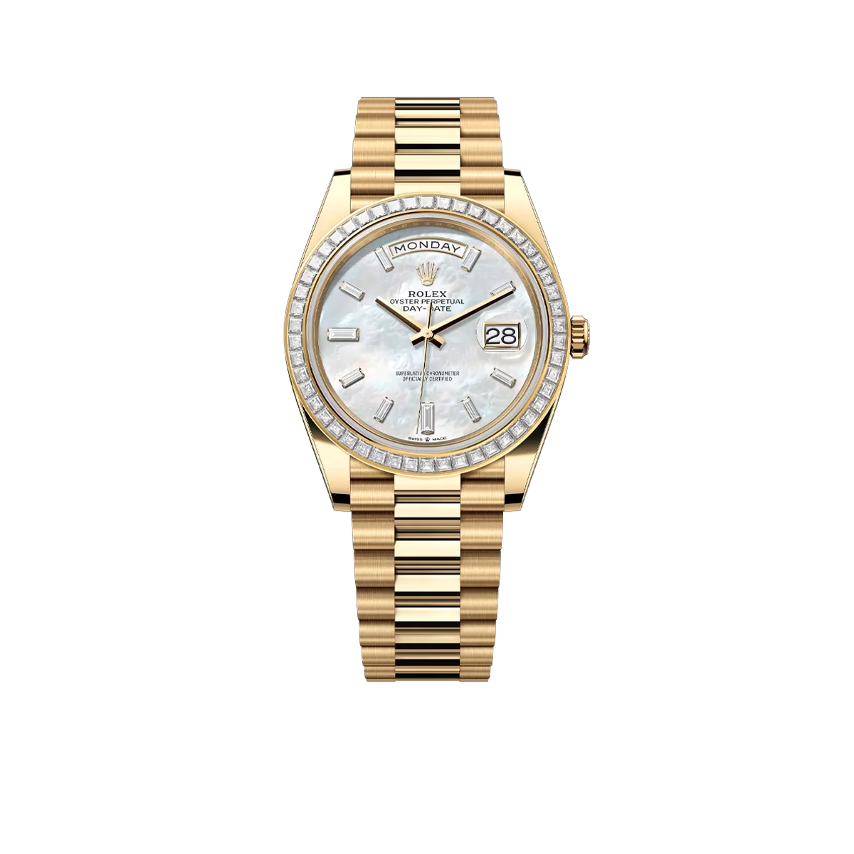 Day-Date 40 228398TBR Yellow Gold Mother of Pearl Diamond Baguette Dial and Bezel