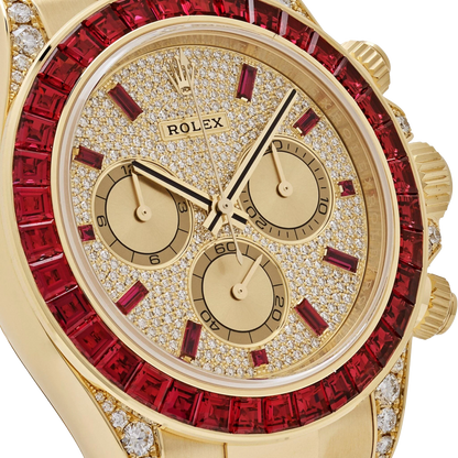 Daytona 126598TRU Yellow Gold Ruby Bezel Diamond Pave Dial