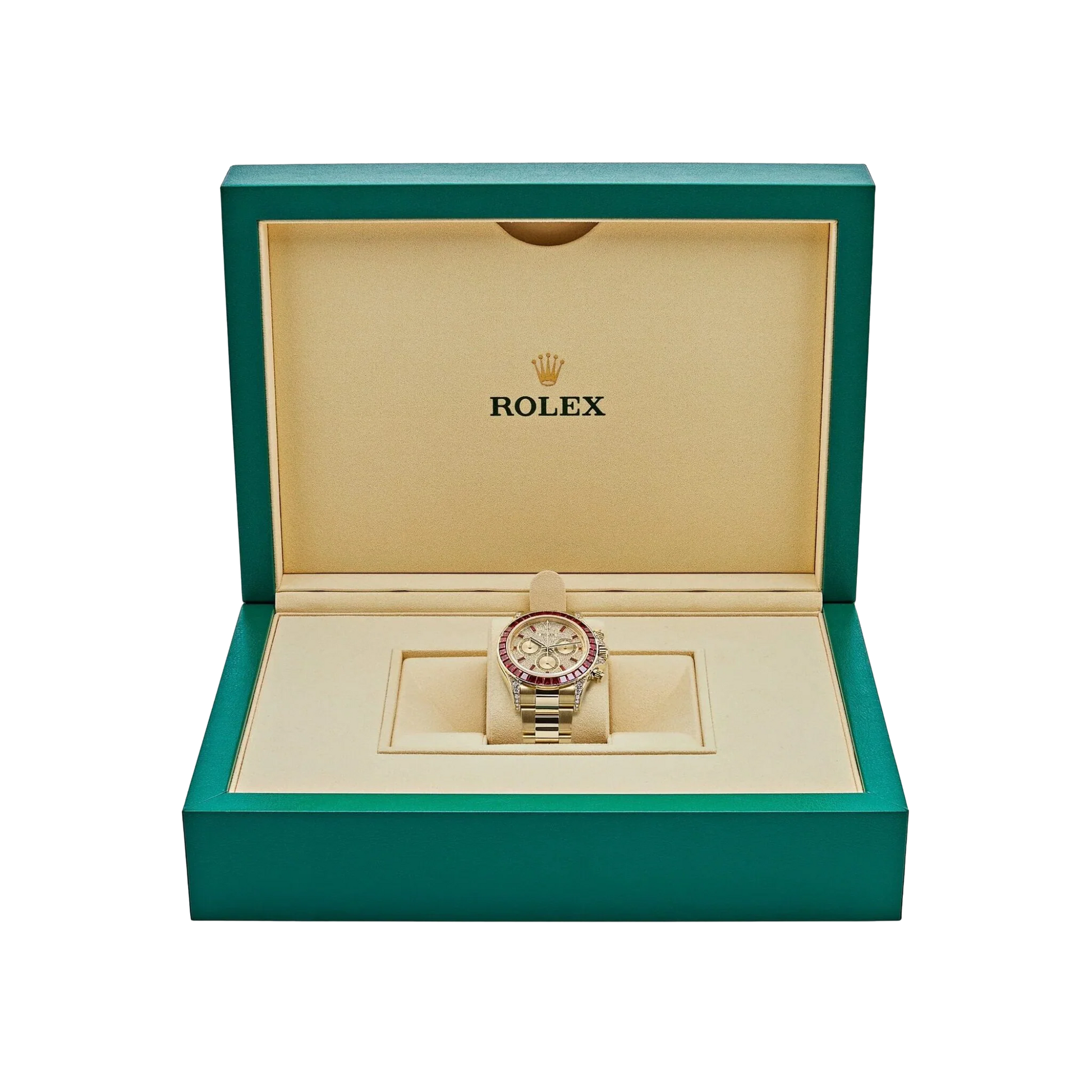 Daytona 126598TRU Yellow Gold Ruby Bezel Diamond Pave Dial
