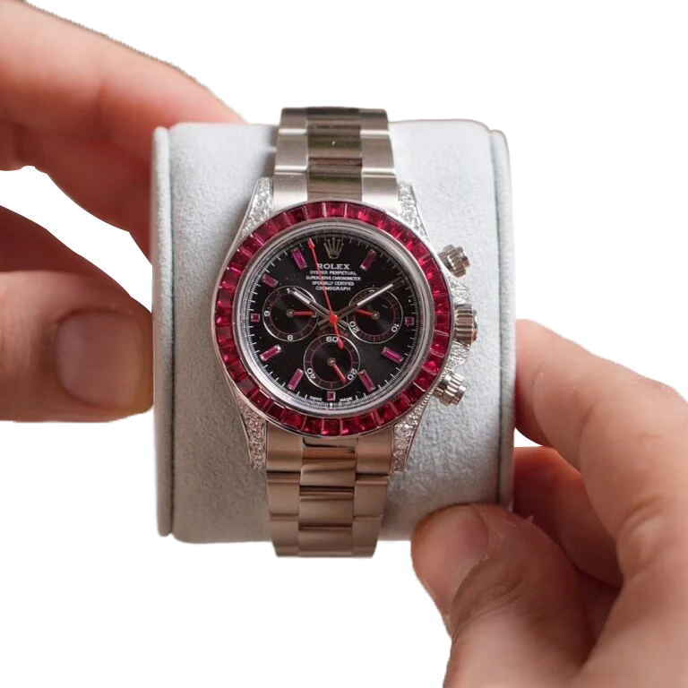 Daytona 126599TRU White Gold Diamond Black Dial Ruby Bezel