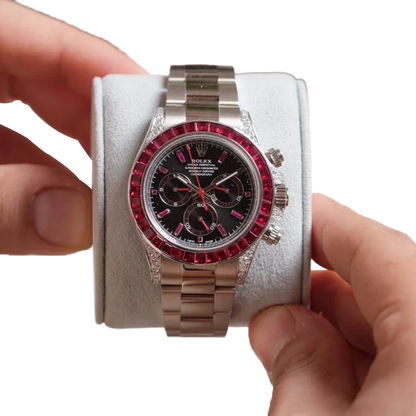 Daytona 126599TRU White Gold Diamond Black Dial Ruby Bezel