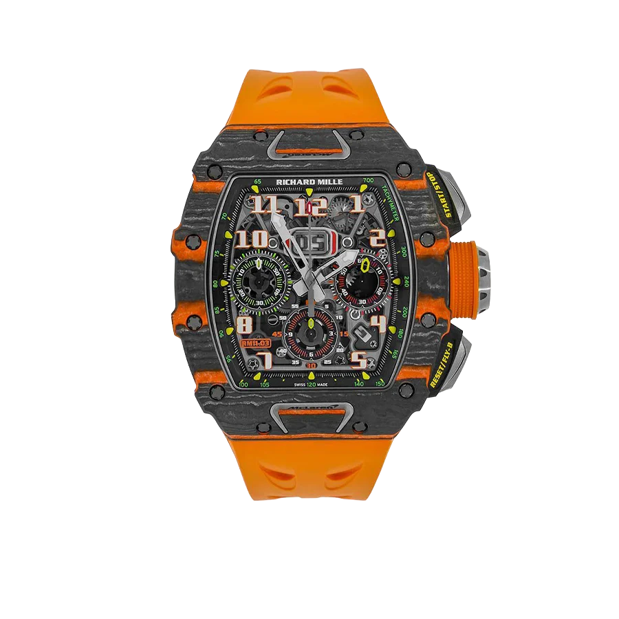 RM 11-03 McLaren Carbon TPT, Skeleton Dial, Orange Strap, 50 mm