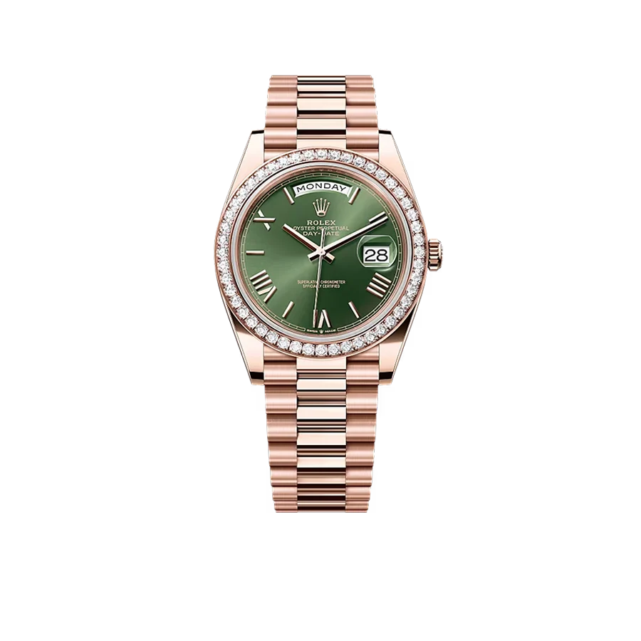 Day-Date President 40mm Everose Gold Olive Green Roman Dial Diamond Bezel - 228345RBR - New 2025