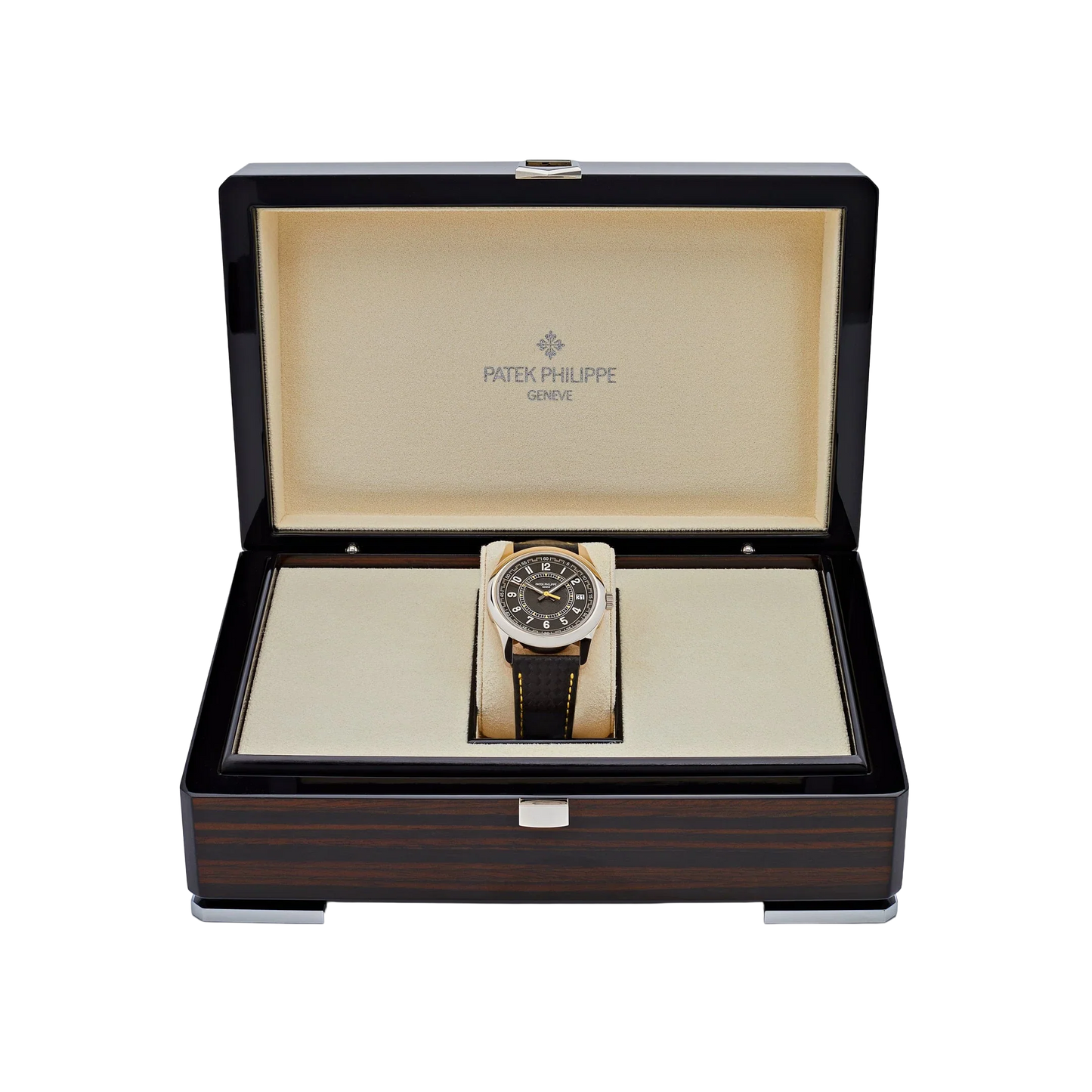 Calatrava 40mm 6007G-001 White Gold Black Dial Yellow Accents